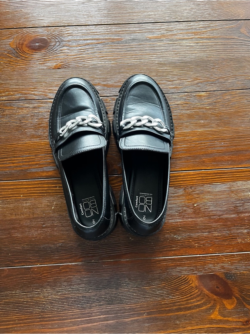NOBO Black Chain-Trim Leather Loafers